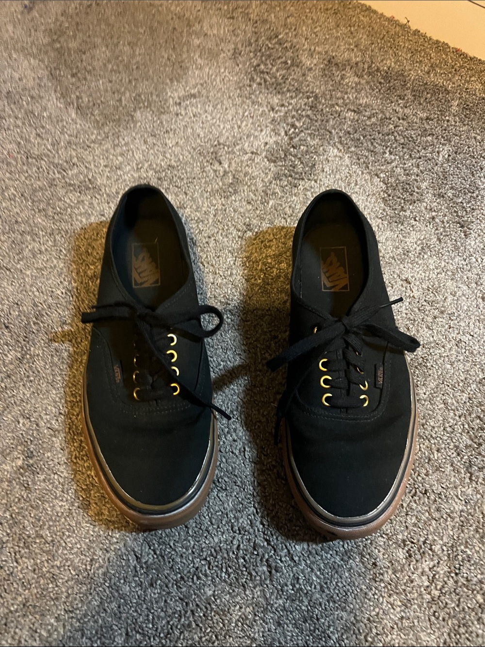 Vans Black Canvas Sneakers with Brown Trim and Gold Eyelets